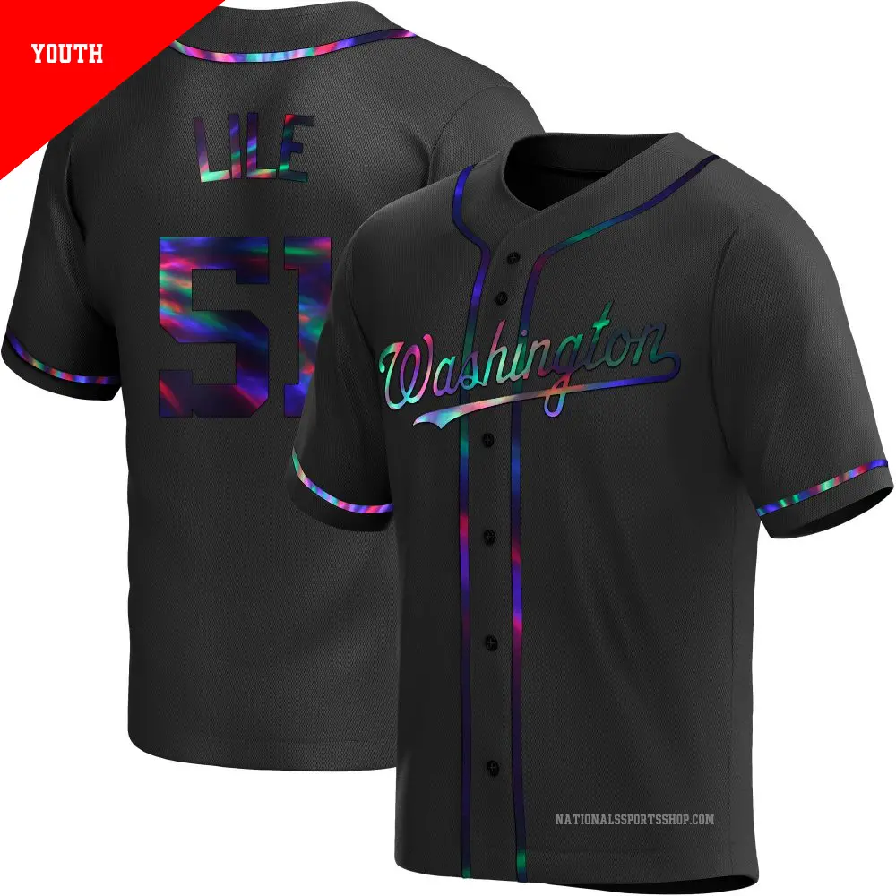 Youth ＃51 Daylen Lile Washington Nationals Black Replica Holographic Alternate Jersey